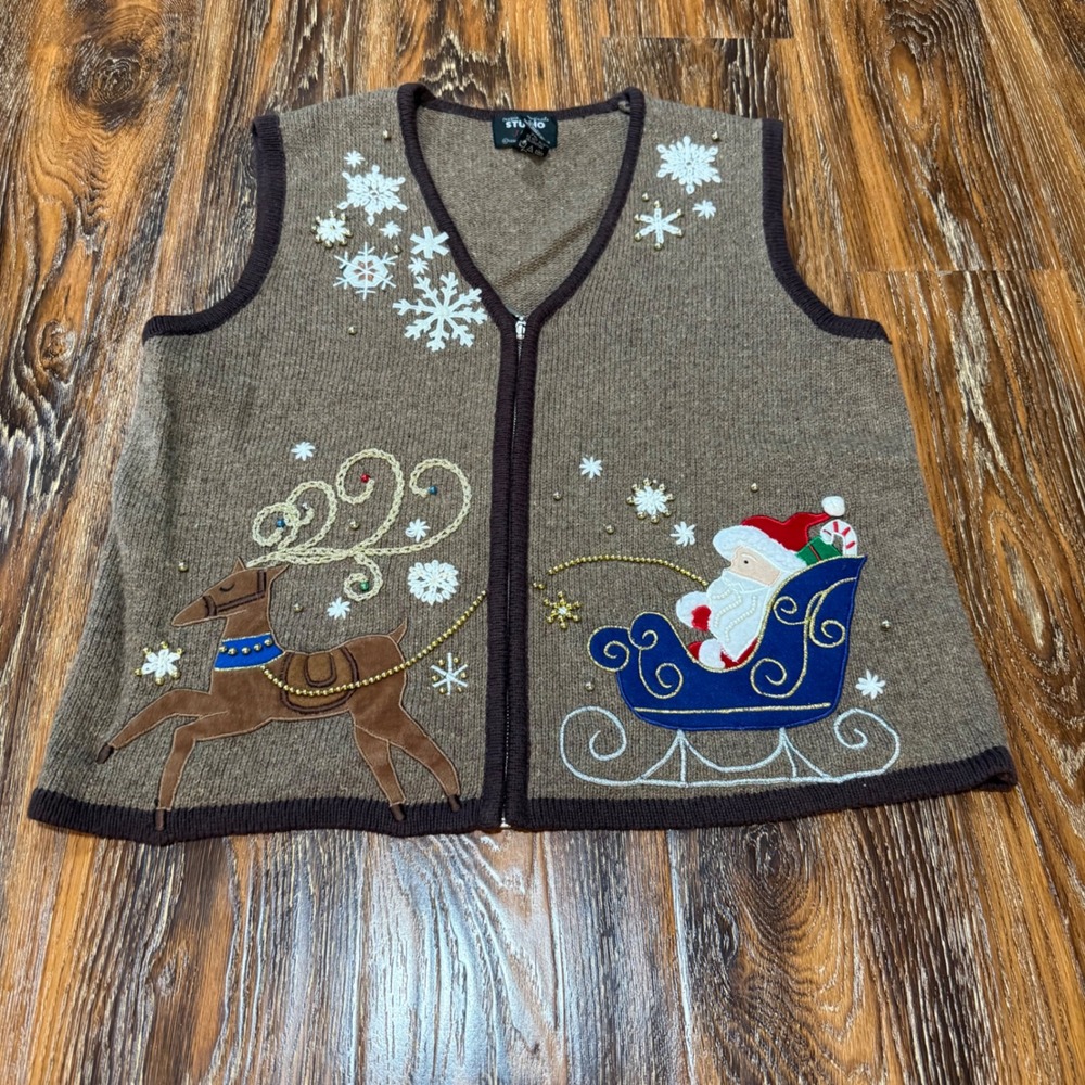 Vintage Size L Petite Joy Brown Christmas Sweater Vest Santa Reindeer Zip